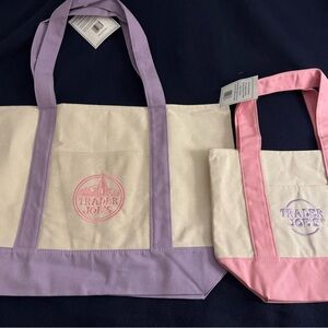 Trader Joe's  Large Lavender and Small Pink Canvas Tote Bag Set of 2.  NEW